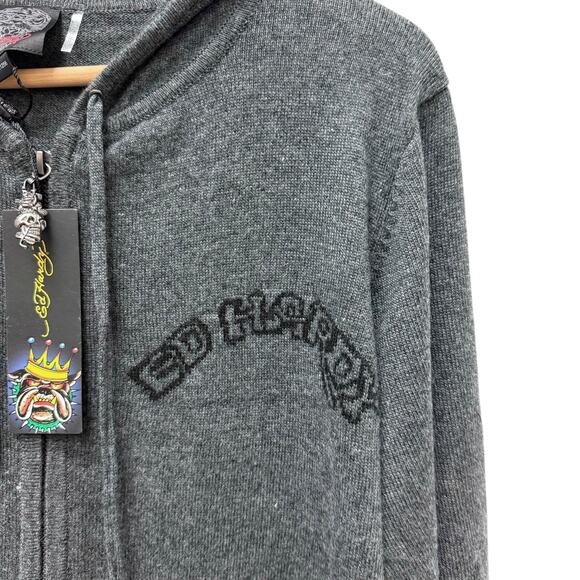 NWT Ed Hardy Eagle Wool Angora Blend Full Zip Hoodie Sweater Gray Size Large - Picture 5 of 10